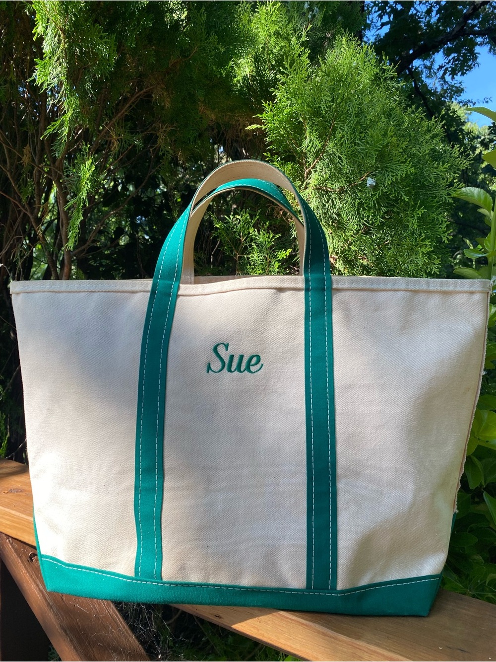 LL Bean Vintage Large Boat  and Tote Personalized Bag in Cream with Green Trim